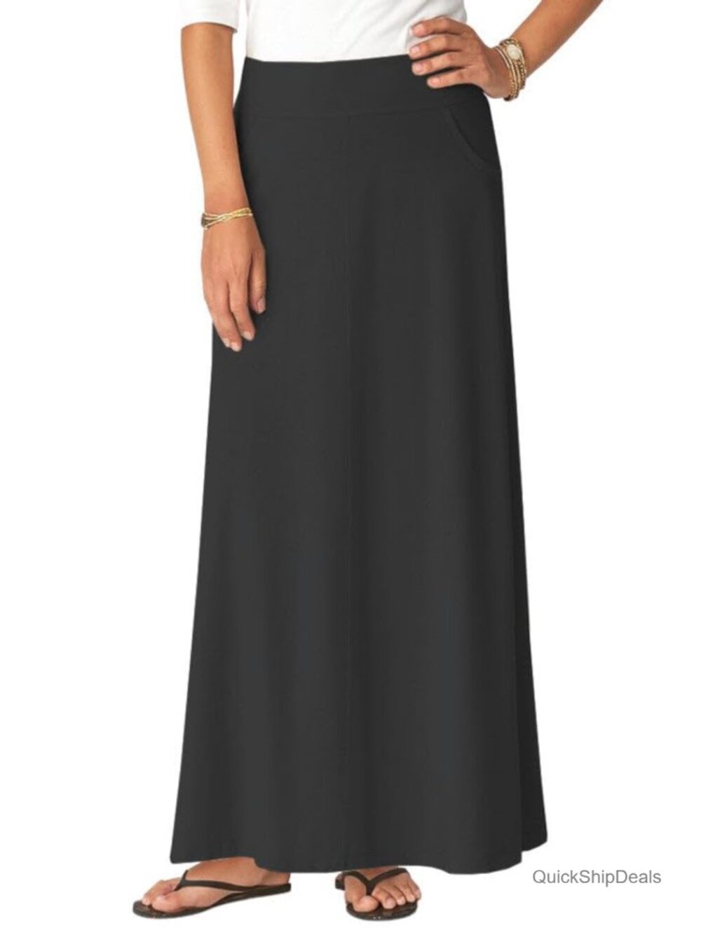 Stretch Cotton Knit Western Style A-Line Maxi Skirt Jeans Pockets